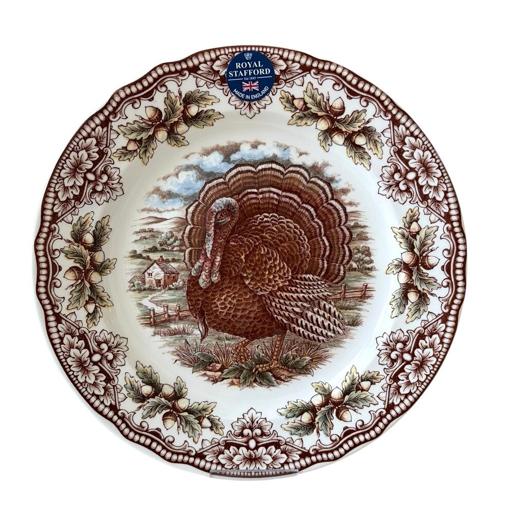 Royal Stafford Thanksgiving Harvest TURKEY 11" Dinner Plate Set of 4 England NEW